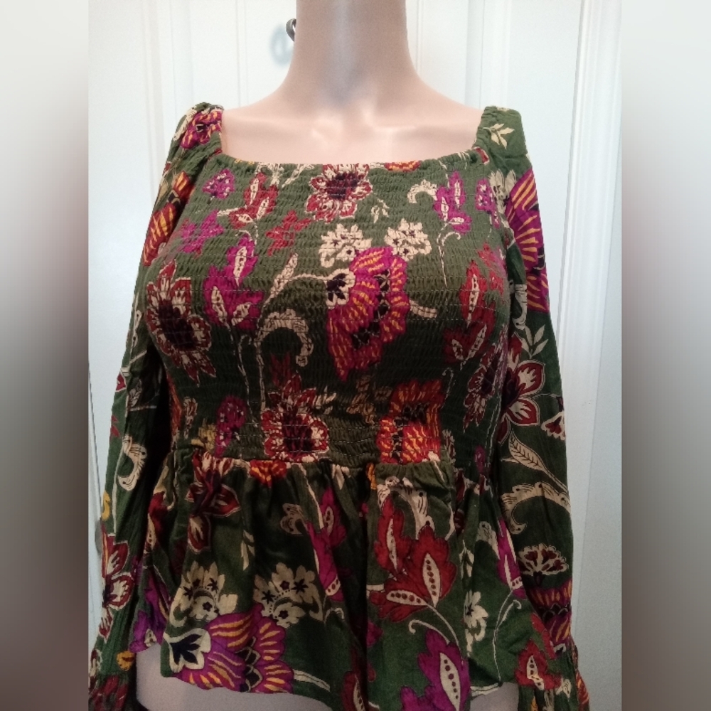 Women’s Floral Smocked Peplum Top - Olive/Multicolor